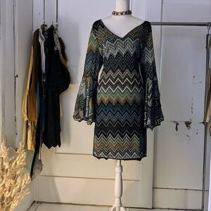 Multi-Colored Brown & Turquoise Blue Bell Sleeve Dress